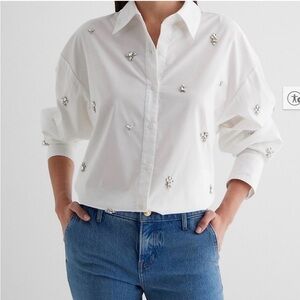 Embellished Express White Button-Up Shirt